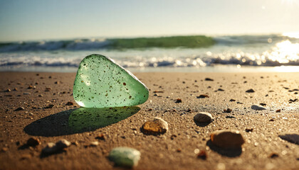 Unique green glass pebble on sandy beach with gentle waves at sunset in coastal location