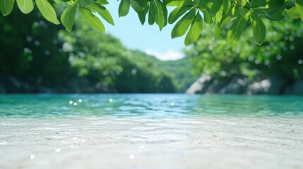 Serene Close Up of Tropical Lagoon with Crystal Clear Water Flowing Gently Over Smooth Stones Surrounded by Lush Greenery and Vibrant Wildlife