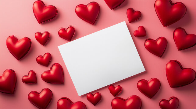 Biała karta otoczona czerwonymi sercami, ułożona na pastelowym r&oacute;żowym tle, tworzy romantyczny i elegancki projekt Walentynkowej kartki.