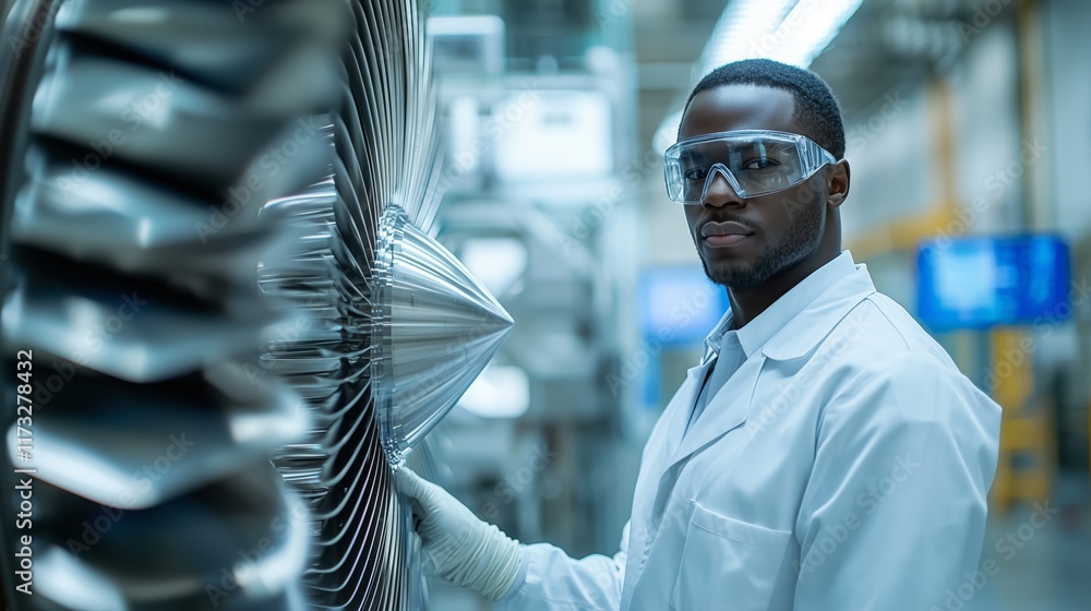 Poster skilled engineer inspecting jet engine component in factory