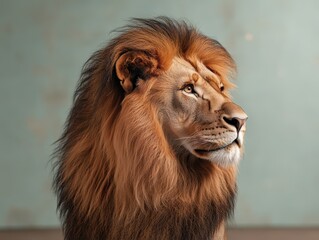 Fototapeta premium Regal lion captured in splendid profile against a clean neutral background, showcasing majestic fur and intense gaze, illustrating the beauty of wild animals