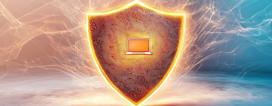 Glowing Pastel Shield Representing Online Safety for Safer Internet Day, Featuring a Laptop Icon Inside the Shield Symbolizing Cybersecurity Awareness and Protection