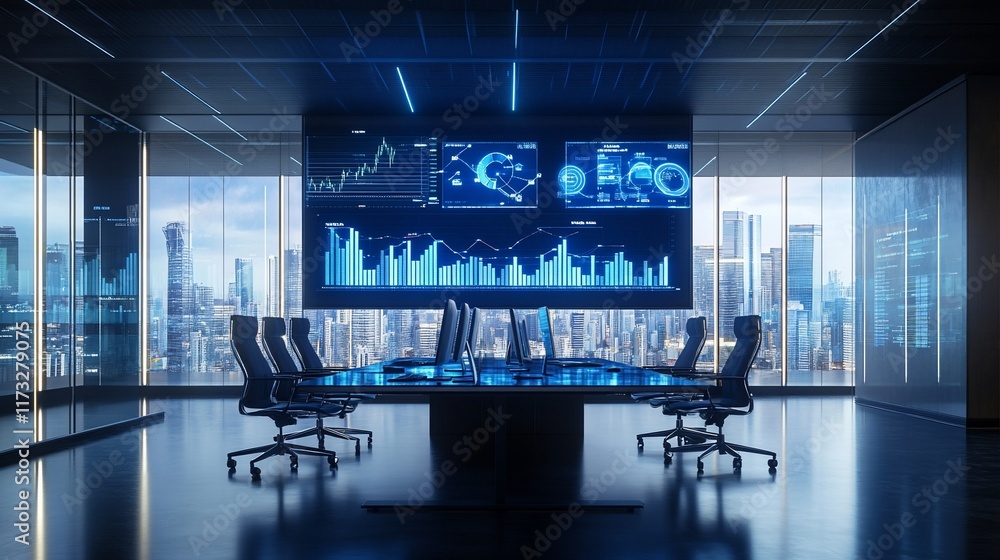 Aufkleber modern futuristic boardroom with large screen displaying financial data and city view.