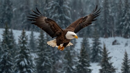 Obraz premium an eagle flying in snow forest habitat background