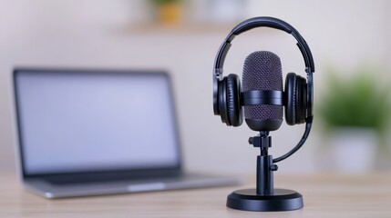 A laptop computer and a microphone on a table in a bright and modern workspace emphasizing creativity and productivity in a professional setting