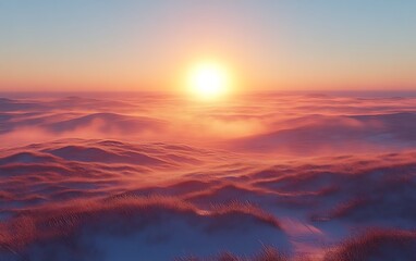 Fototapeta premium Sunset over snowy, foggy landscape.