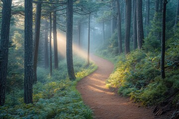 Obraz premium The peaceful forest pathway unveils the soft morning light as it gently filters through the trees, creating a serene atmosphere in the tranquil woodland setting