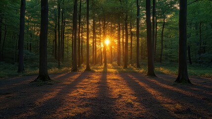 Fototapeta premium As the sun sets, it bathes the tranquil forest in a warm, golden light. The rays filter through the trees, creating long shadows and enhancing the serene beauty of the peaceful surroundings