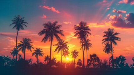 Silhouettes of palm trees against a vibrant sunset sky with pink and orange clouds. AI generative. .