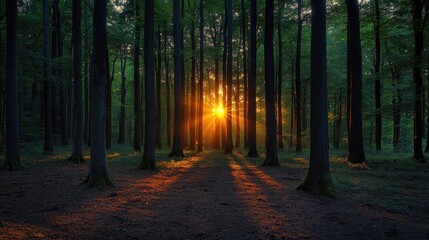 Fototapeta premium Sunlight filtering through tall trees in a peaceful forest at sunset, creating a magical atmosphere with gentle shadows on the ground