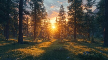 Obraz premium Sunset light filters through tall trees in a tranquil forest, creating a warm glow over the grassy ground and highlighting the peaceful atmosphere of the natural setting during dusk