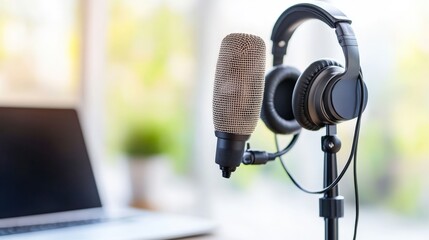 Dynamic Workspace Featuring a Microphone and Laptop Set Against a Bright Background Illustrating Creativity and Productivity in a Modern Setting