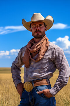 cowboy wearing stetson hat and western shirt with desert prairie vista and blue sky americana in background