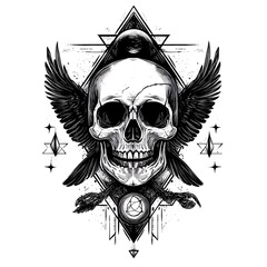Fototapeta premium Skull with raven wings, geometrical background.
