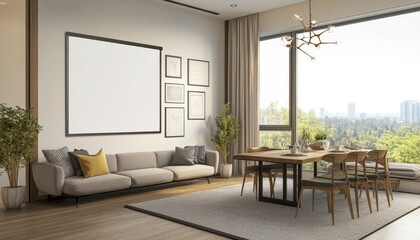 Fototapeta premium Modern Living Room Interior Design Cozy Sofa Blank Canvas Dining Area