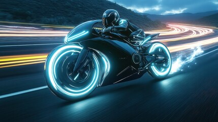 Sleek neon motorcycle racing through a twilight landscape with glowing wheels illuminating the dark road ahead, showcasing speed and modern design