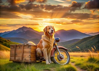Happy Dog on Motorcycle with Cargo Crate - Scenic Landscape Photo