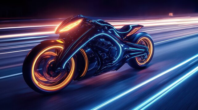 Sleek glowing neon motorcycle races through city streets at night, leaving behind trails of vibrant light and energy in a thrilling display of speed and power