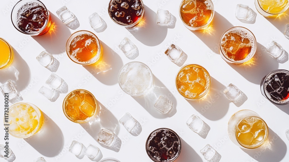 Poster overhead view of various beers with ice cubes on white background.
