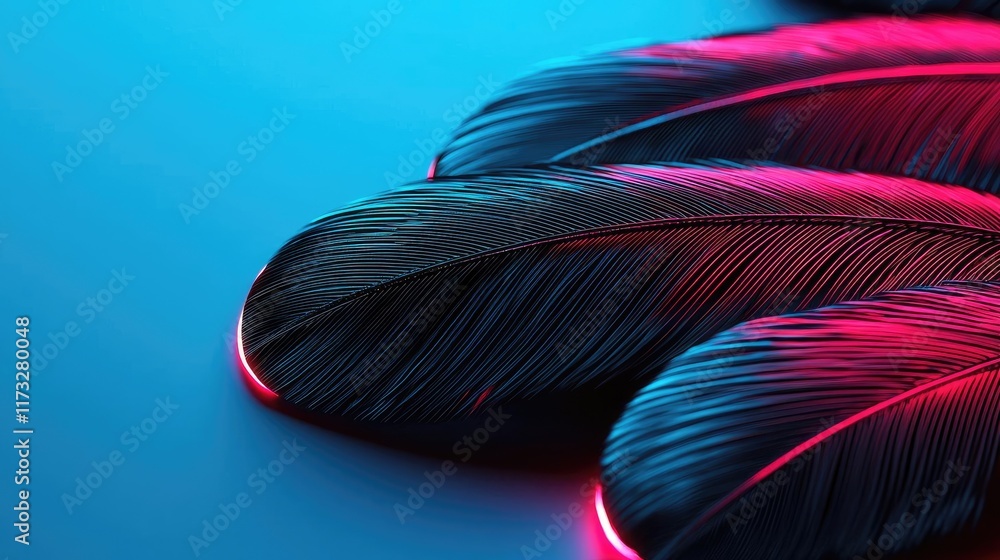 Poster feather abstract background idea. vibrant feathers illuminated with neon colors, showcasing intricat