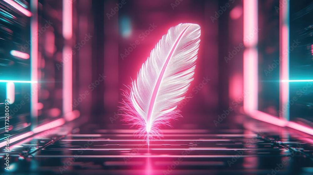 Aufkleber feather abstract background idea. a glowing neon feather design in a futuristic digital environment.