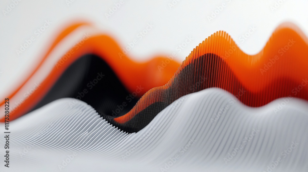 Poster Abstract 3D rendering of flowing orange and black waves on a white background.