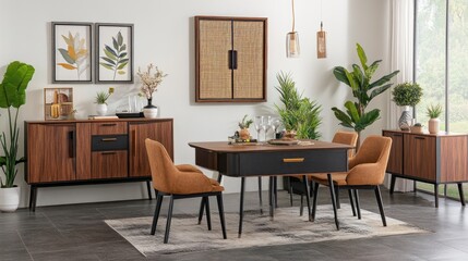 Mid-century modern dining set with dark wood and mustard chairs.
