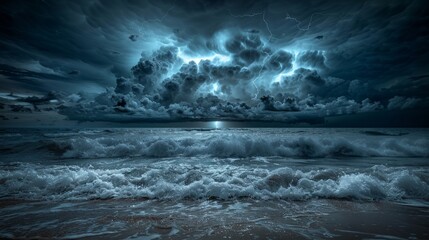 Dark stormy clouds with lightning over a choppy sea. AI generative. .