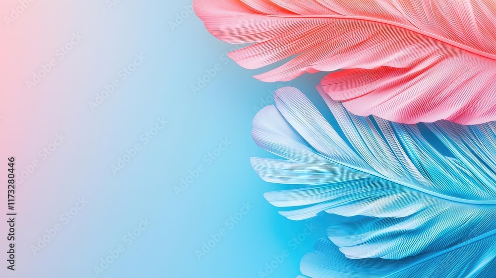 Poster feather abstract background idea. stylish pastel leaves with gradient colors on a soft blue backgrou