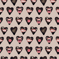 Valentines Day watercolor pattern without seams. Seamless ornament with watercolor chocolate hearts. Beige background, design fabric, banner, postcard, wallpaper, wrap. Mocha Mousse color