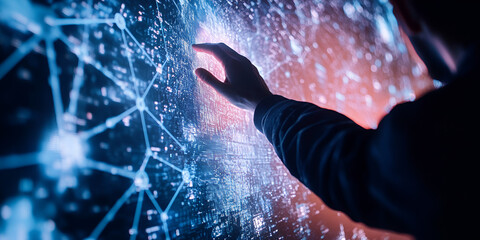 Person interacting with digital holographic interface of neural network connections, Futuristic artificial intelligence and innovation concept
