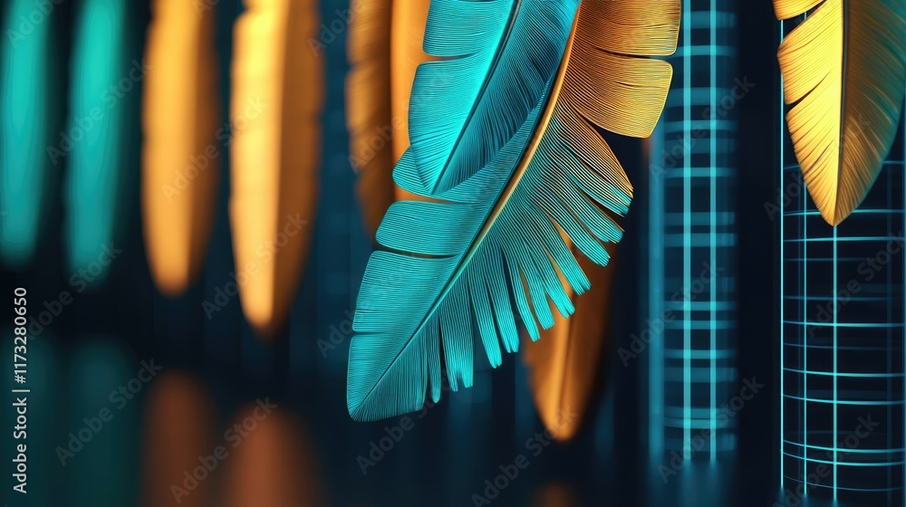 Poster feather abstract background idea. vibrant feathers in teal and yellow creating a modern visual aesth