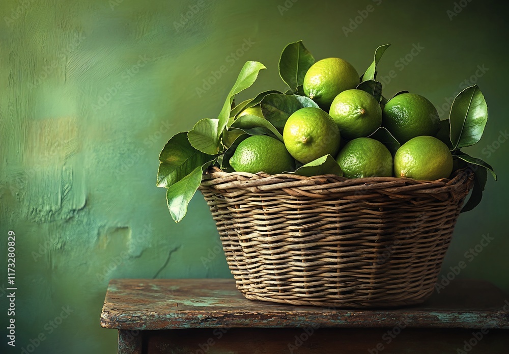 Aufkleber a rustic wicker basket overflowing with fresh green limes and leaves sits on an old wooden table aga