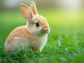 Fototapeta premium Small rabbit enjoying a sunny day in lush green grass with its ears perked up, observing surroundings in a tranquil environment filled with nature