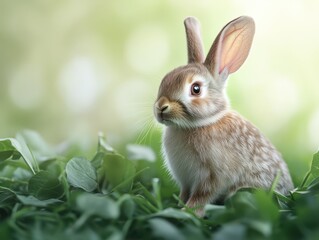 Fototapeta premium A tiny rabbit happily nibbles on the vibrant green grass, surrounded by a serene outdoor landscape, all under the warm glow of a sunny day