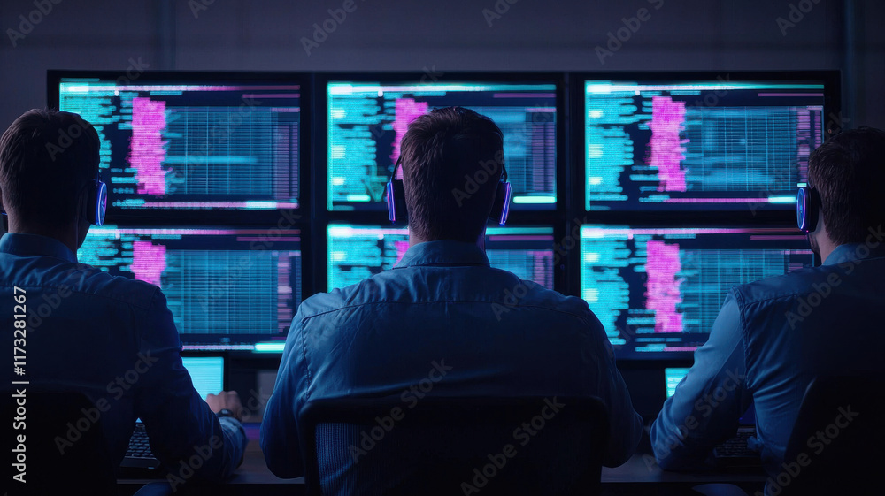 Aufkleber global impact of cybersecurity concept, monitoring cybersecurity data, analysts work with multiple s
