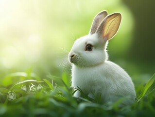 Fototapeta premium A small white rabbit is comfortably resting in a vibrant patch of lush green grass, basking in the gentle warmth of the soft sunlight during a peaceful afternoon outdoors. 