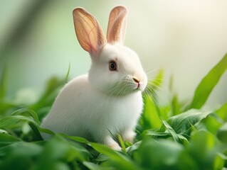 Obraz premium A small, white rabbit is elegantly perched amidst the vibrant, lush green grass, basking in the peacefulness of a sunny, natural landscape