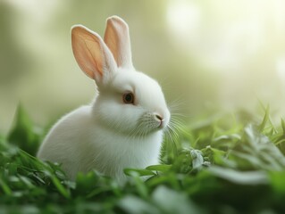Obraz premium A charming white rabbit is comfortably nestled in the vibrant green grass, enjoying a peaceful moment under the warm sun in a serene garden during a beautiful afternoon
