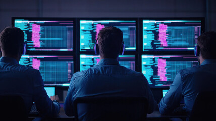 Fototapeta premium Global Impact of Cybersecurity Concept, Monitoring cybersecurity data, analysts work with multiple screens in dark room