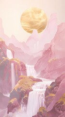 Traditional Chinese Pink and Gold Landscape Painting Poster Background