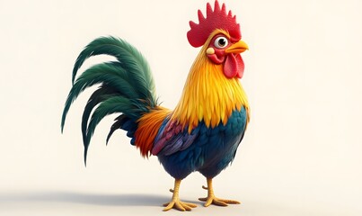 Fototapeta premium Colorful rooster with red comb, bright yellow feathers, green tail on plain background.