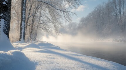 Obraz premium On a serene winter morning, the snow-covered riverbank is enveloped in tranquility, with bare trees standing tall and soft mist gently rising from the water's surface