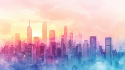 Soft watercolor illustration depicting a dreamy cityscape at sunset with tall buildings and a colorful sky over a bustling urban landscape
