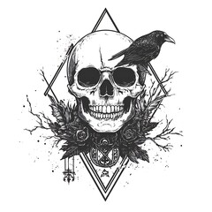 Obraz premium Skull and raven illustration, dark art.