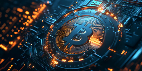 Bitcoin logo embedded in glowing futuristic hardware design, Blockchain technology concept with digital currency and innovation themes
