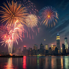Vibrant New Year Fireworks Over Glowing City Skyline with Reflections on Water
