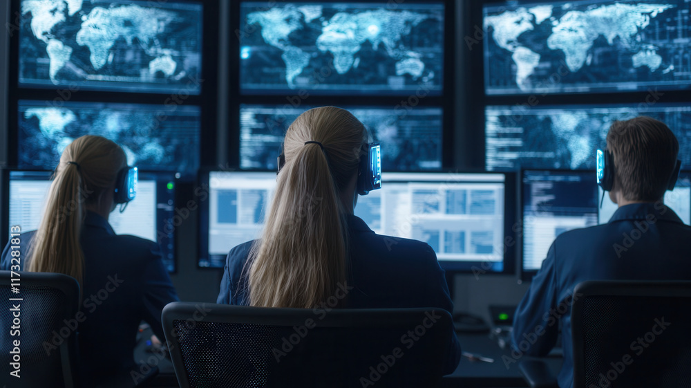 Poster global impact of cybersecurity concept, cybersecurity analysts monitoring multiple screens in contro