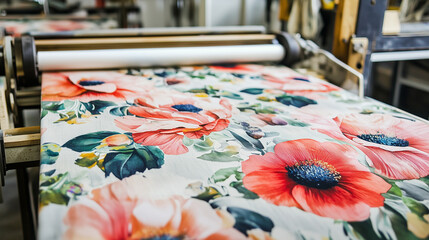 Fototapeta premium Floral pattern printing on textile in fabric factory 