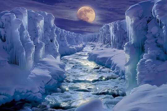 A serene arctic river flows through a frozen valley under a large, full moon. Icicles hang from snowcovered cliffs. The scene is peaceful and cold, a winter night in the polar regions.